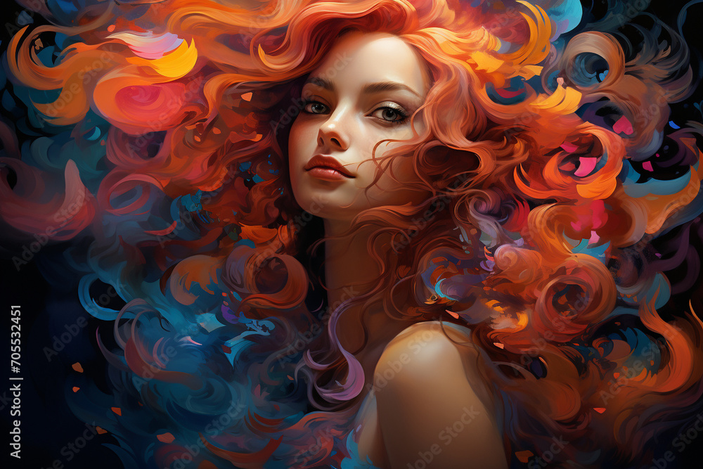 An intricately detailed digital artwork showcasing a woman with flowing wavy hair, painted in bright and lively impressionistic tones, creating a visually elaborate oil-inspired po