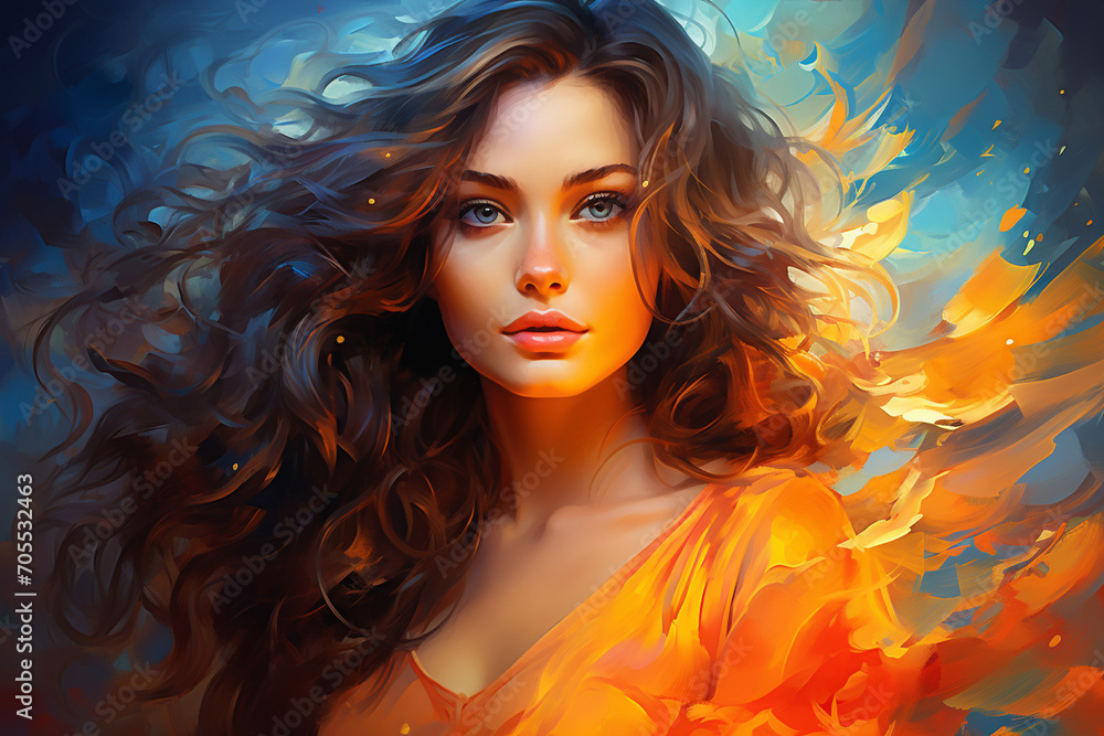 A mesmerizing digital portrait of a beautiful woman, the bright and vivid impressionistic colors blending seamlessly to form a wavy and dynamic oil-inspired masterpiece, presented