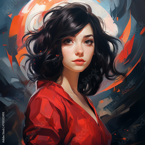 anime girl with black hair and red dress, in the style of digital painting, loose and fluid style, natalia rak, dark gray and light bronze, anime-inspired characters, wavy, urban e photo