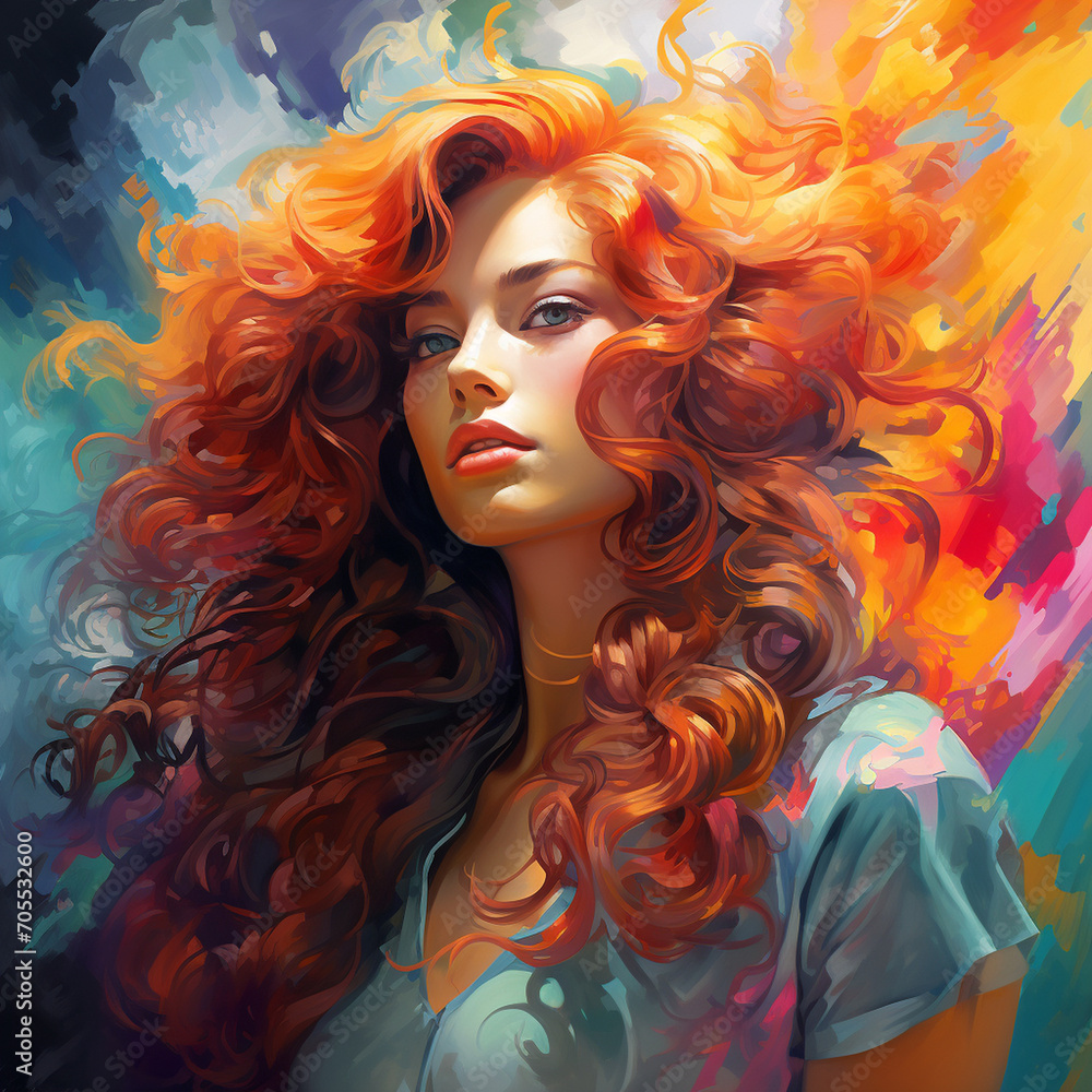 A contemporary digital artwork featuring a woman with flowing wavy hair, the use of vibrant impressionistic colors giving life to an expressive oil-inspired portrait in a visually