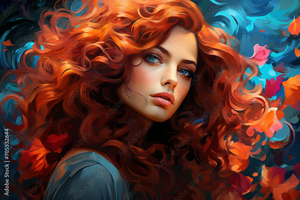 An intricately detailed digital painting capturing a woman's beauty through the interplay of bright impressionistic colors and wavy hair, creating a visually rich and expressive oi