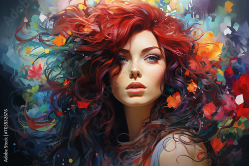 An artistically rendered digital masterpiece featuring a woman with cascading wavy locks, painted with bright and vivid impressionistic strokes, creating a visually captivating oil