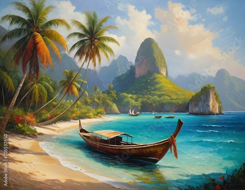 A Tropical Paradise  Beautiful Beach with Coconut Palm Trees and Clear Blue Ocean