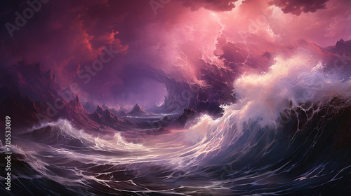 depicted in the setting of a majestic pink sea, roaring waves, towering light presence, stormy weather, dramatic lighting