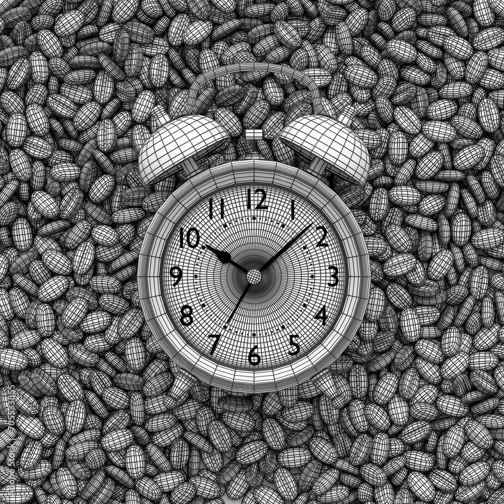 Vintage alarm clock with roasted coffee beans spread out on white background.