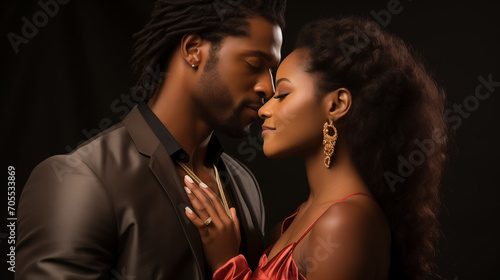 A lovely straight African American couple sharing a kiss and gazing into each other's eyes. genuine, passionate love. a man and a woman beside one another. alone against a white backdrop 