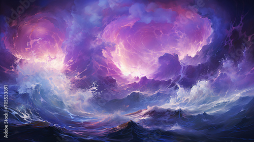 depicted in majestic sea settings, roaring waves, towering shining presences, stormy weather, dramatic lighting photo