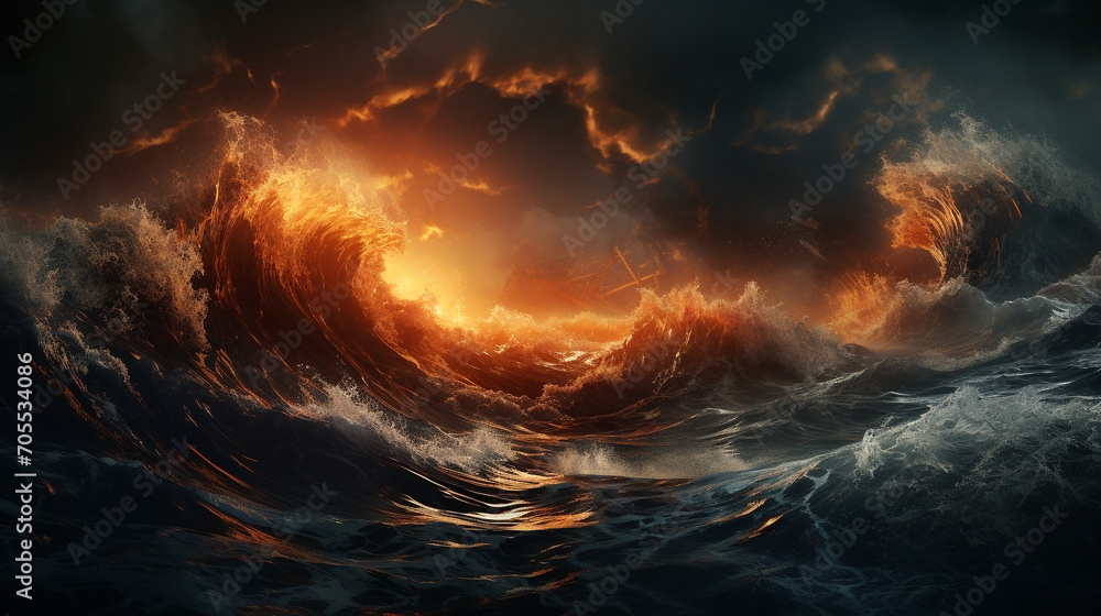 depicted in the setting of a majestic yellow sea, roaring waves, towering light presence, stormy weather, dramatic lighting