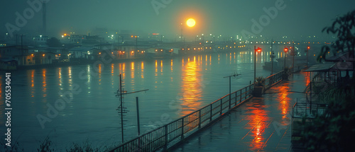 nighttime view of a river with a bridge and a street light