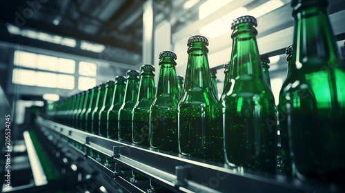 Close up of green glass beer bottles on the production line