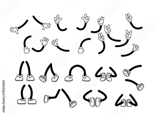 Lively Retro Cartoon Limbs In Retro Style. Vector Hands With Four Plump Fingers Each, Wearing White Gloves, And Legs