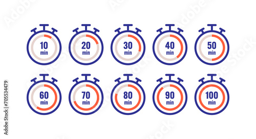 orange, navy blue stopwatch set. ten step stopwatch design. stopwatch concept for business, education, sports world