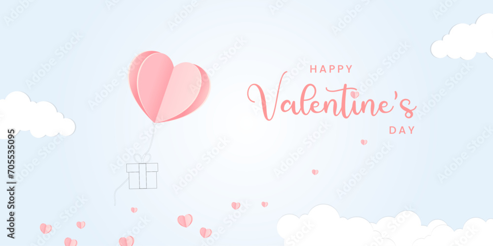 Valentine's Day postcard with paper flying elements and gift box on white sky background. Romantic poster.  greeting card design.
