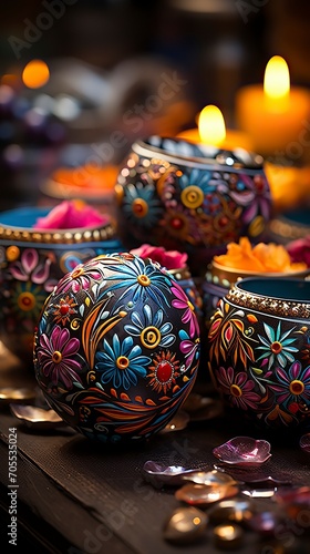 Three colorful diya made of colored clay in a dark background ,Diwali, Maha shivatri, Decoration for Puja