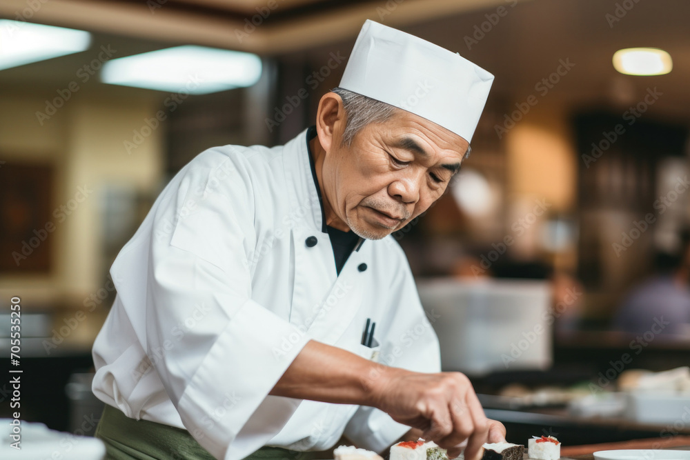 An experienced Asian chef in a restaurant kitchen prepares delicious dishes from fresh ingredients and demonstrates his experience.