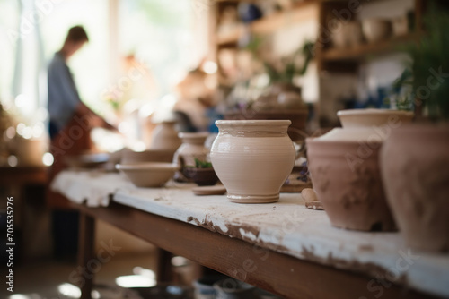 An assortment of handcrafted ceramics showcasing a variety of shapes, designs and cultural influences. Brown and red tones give the collection a rustic and artistic touch.