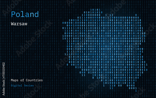 Poland Map Shown in Binary Code Pattern. Blue Matrix numbers, zero, one. World Countries Vector Maps. Digital Series