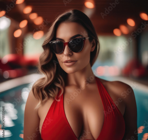 Beautiful long haired brunette model in red swimwear. Portrait of a young sexappeal woman with blured background © Михаил Таратонов