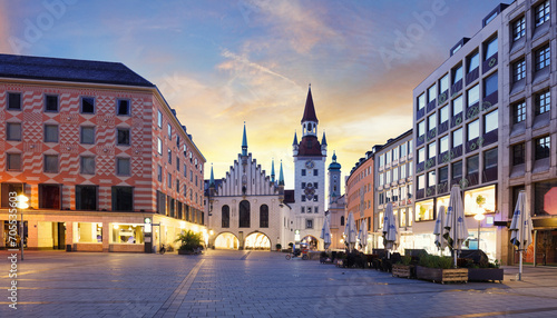 Munich Old town, Marienplatz square and the Old Town Hall tower, Germany, on dramatical sunrise