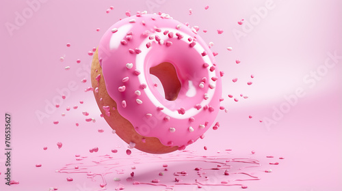 Sprinkled Pink Donut flying in heart shape, with clipping path 3d illustration 