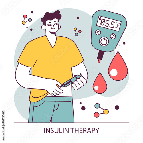 Diabetes. Measuring sugar blood with glucometer for glucose glycemic, index monitoring, Hyperglycemia or hypoglycemia treatment with insulin therapy. Endocrine system disease. Vector illustration
