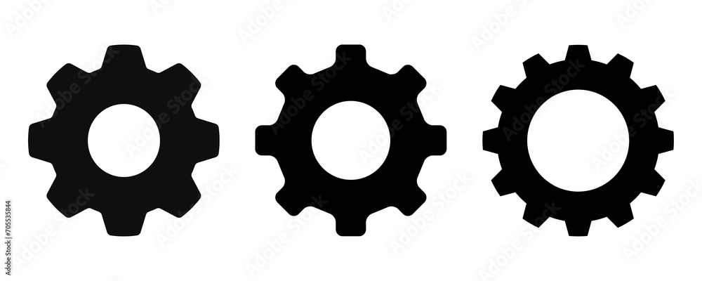 Three Black Gear Wheel Icons Set On Transparent Background Three Black Gear Wheel Icons Set On Transparent Background