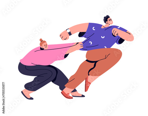 Rivalry concept. Interfering, stopping, preventing from running. Man and woman couple in conflict, toxic relationship, communication. Flat graphic vector illustration isolated on white background
