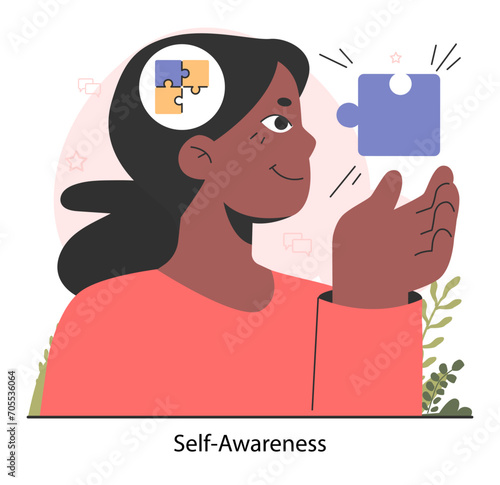 Self-awareness. Mindfulness and balance. EQ development. Deep understanding of emotions and empathy. Self-regulation and meditation . Flat vector illustration