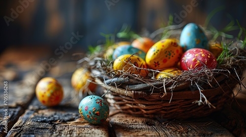 Basket with painted easter eggs. Easter basket on wooden table. Colourful easter eggs in a basket.
