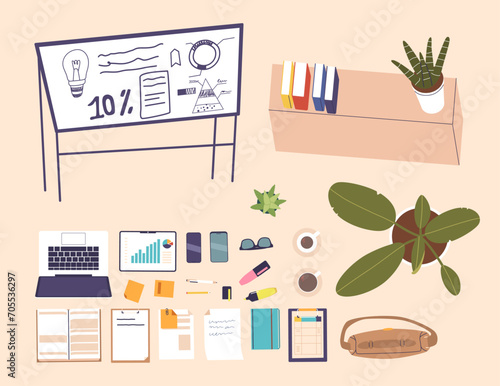 Set Of The Office And Conference Items. Spacious Desk With Folders, Whiteboard, Stationery Supplies, Vector