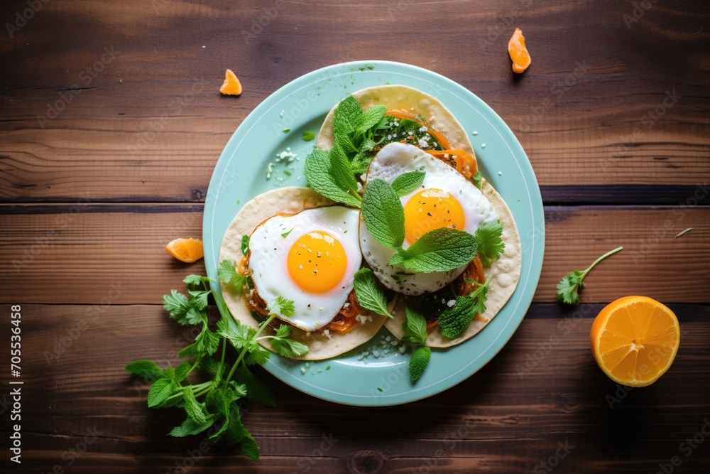 huevos rancheros with orange slices and sprig of mint for contrast huevos rancheros with orange slices and sprig of mint for contrast