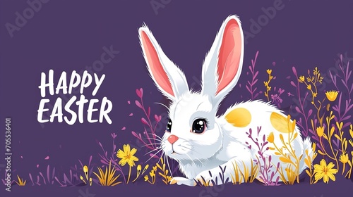 "Happy easter" banner with cute bunny. Easter background with bunny. Easter postcard with flowers.