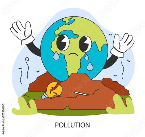 Pollution. Contamination with waste. Sad crying Earth drowning in the waste reaching out for help. Environmental degradation. Flat vector illustration