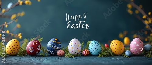 Easter postcard with eggs on isolated blue background. Easter banner with text 