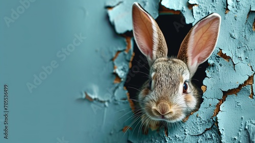 Bunny peeking out of a blue wall. Closeup photo of adorable bunny. Bunny looking out of a hole.