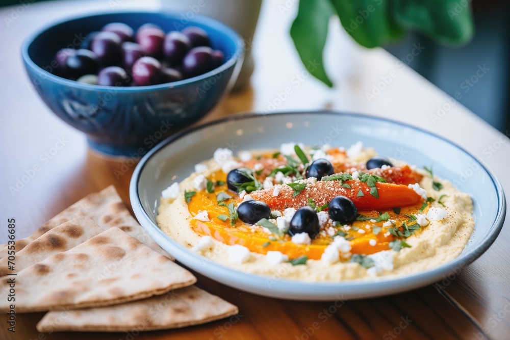 red pepper hummus with pita bread, olives, and feta cheese