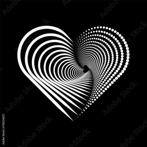 Halfton spiral in the shape of a heart. Vector halftone dots background for design banners, posters, business projects, pop art texture, covers. Geometric black and white texture.