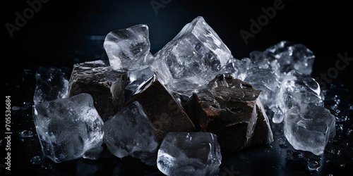 A Stack of Ice Cubes on a Table, Macro Close-up of Ice Cubes, Ice on black background, Ice cubes reflection on black table background, generative AI



 photo