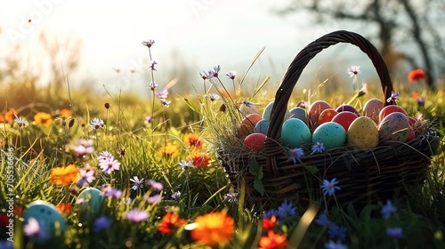 Basket with painted easter eggs. Easter basket on spring field. Colourful easter eggs in a basket.