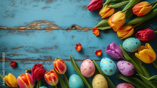 Easter eggs and tulip flowers on blue wooden table. Easter postcard with copy space for text.