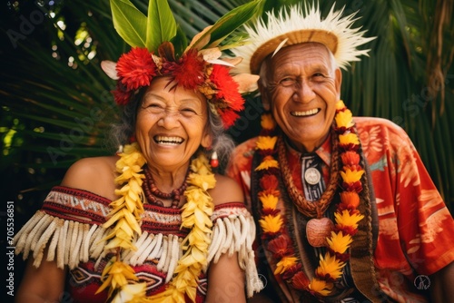 Portrait of a happy elderly couple on vacation in national costumes. Journey