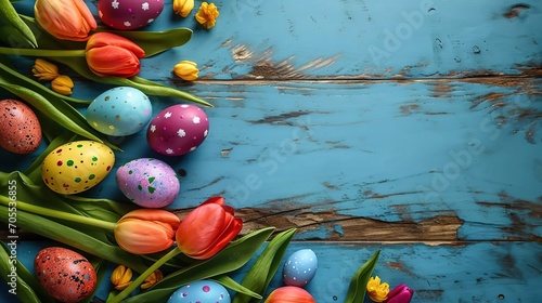 Easter eggs and tulip flowers on blue wooden table. Easter postcard with copy space for text.