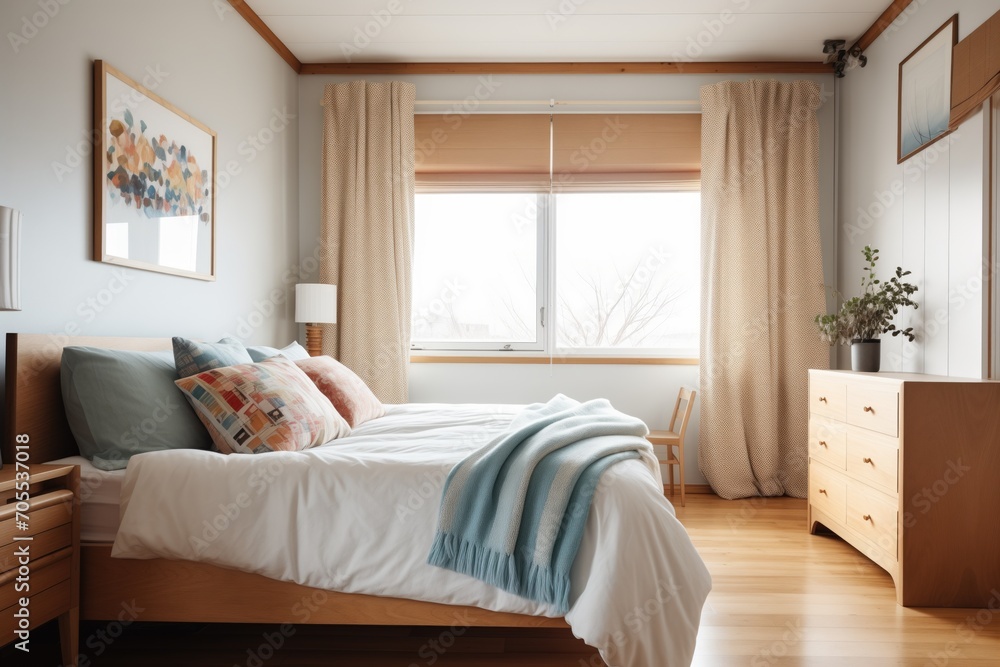 Fototapeta premium cozy bedroom with plush bedding and curtains