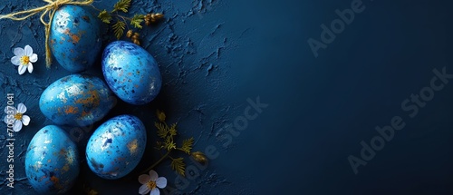 Coloured blue eggs. Blue easter eggs. Easter eggs on blue background with copy space for text. photo