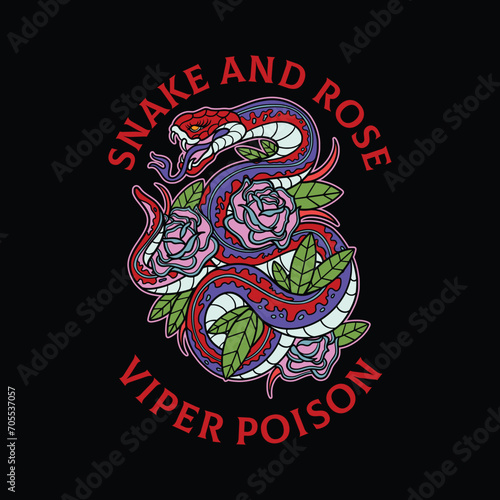 COLOR FULL HAND DRAWN TATTOO STYLE SNAKE AND ROSE VECTOR