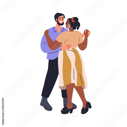 Love couple dancing together. Young biracial man and woman hugging. Happy romantic relationship. Smiling enamored valentines pair embracing. Flat vector illustration isolated on white background