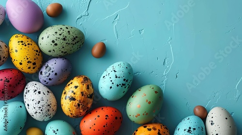 Beautiful colorful easter eggs on isolated blue background. Top view image of painted easter eggs.
