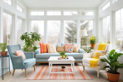 bright sunroom with plants and comfortable seats photo
