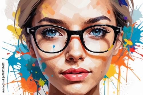 An abstract painting illustration portrait of a handsome young female person with glasses, colorful splashes