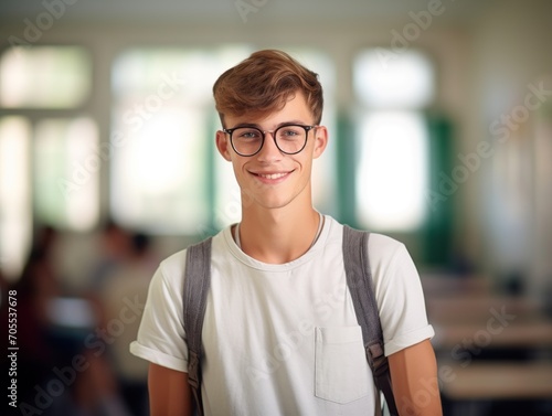 happy european high school student guy standing in classroom with arms crossed.